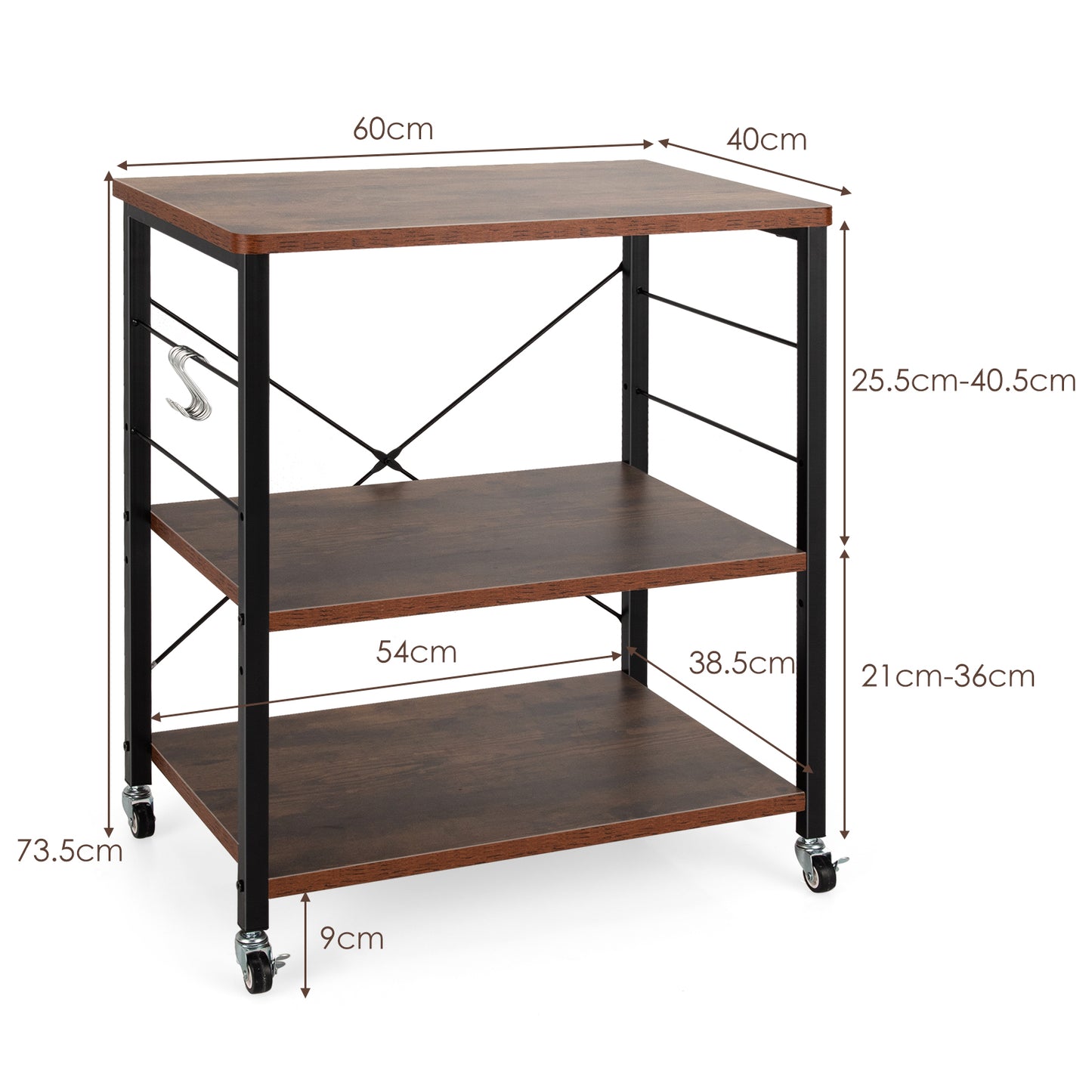 3 Tier Rolling Kitchen Baker's Rack with Adjustable Shelf and Hooks-Rustic Brown