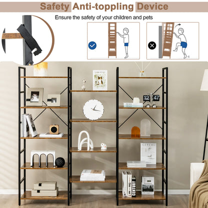 5-Tier Industrial Bookshelf with 14 Open Shelves for Home Office-Brown