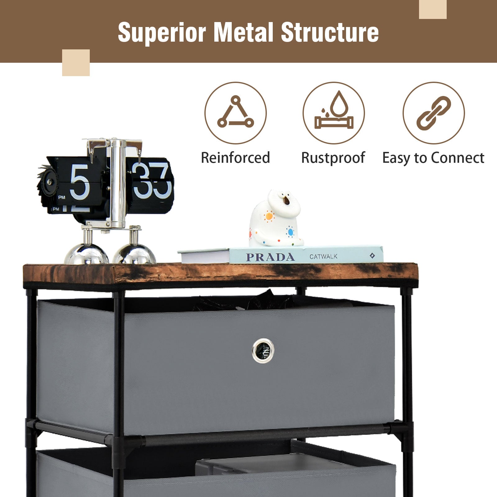 4-Tier Fabric Dresser with Drawers and Metal Frame-Grey