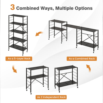 5-Tier Folding Storage Shelves with Adjustable Shelves and Wheels-Black