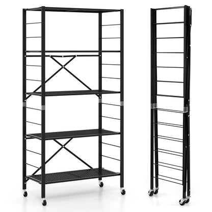 5-Tier Folding Storage Shelves with Adjustable Shelves and Wheels-Black