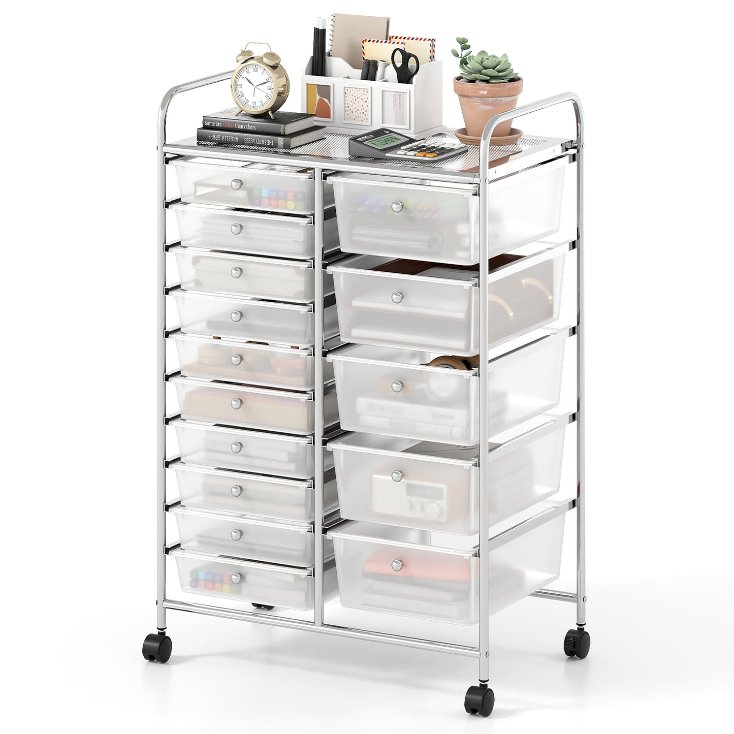 15-Drawer Rolling Storage Cart with Lockable Wheels and Removable Drawers-White