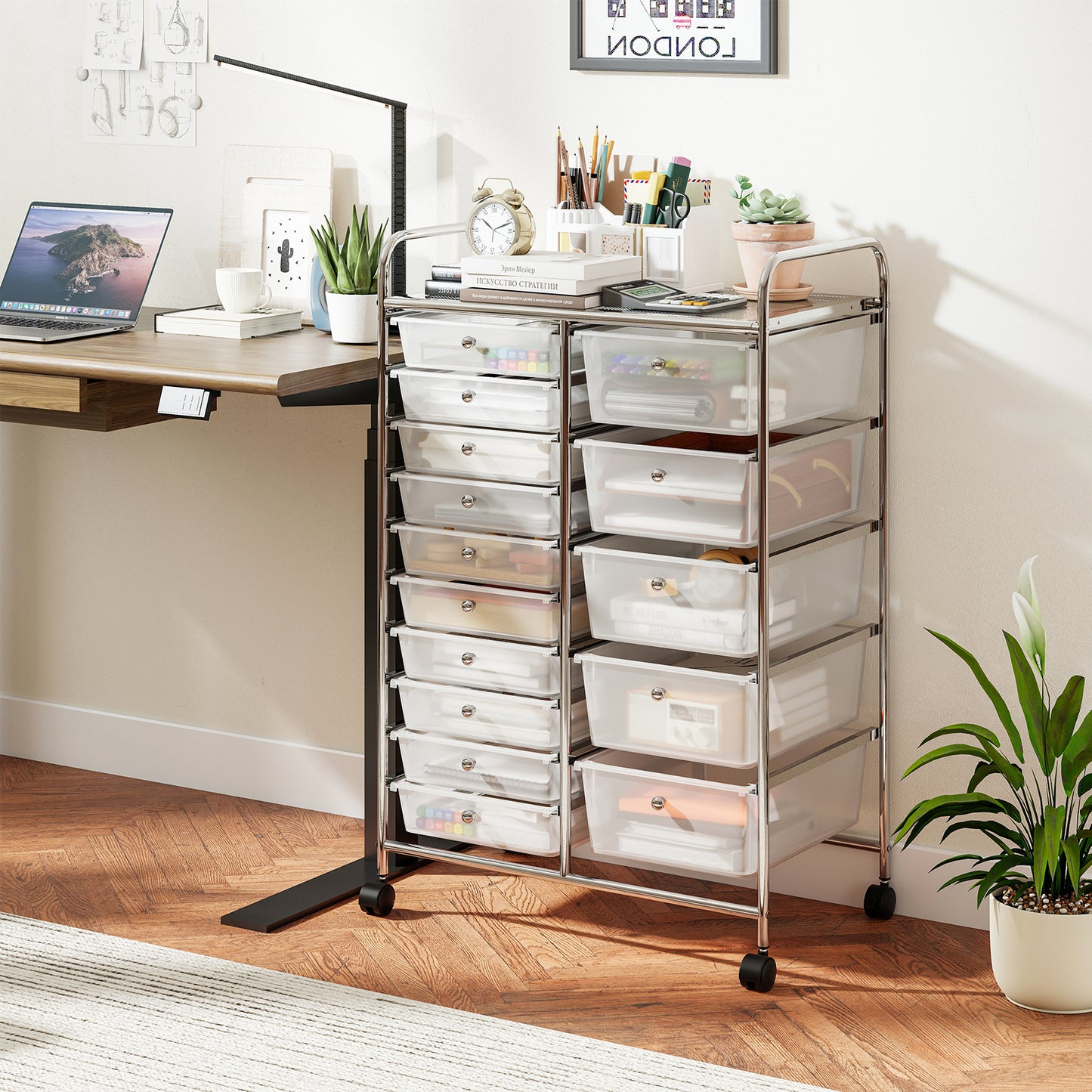 15-Drawer Rolling Storage Cart with Lockable Wheels and Removable Drawers-White