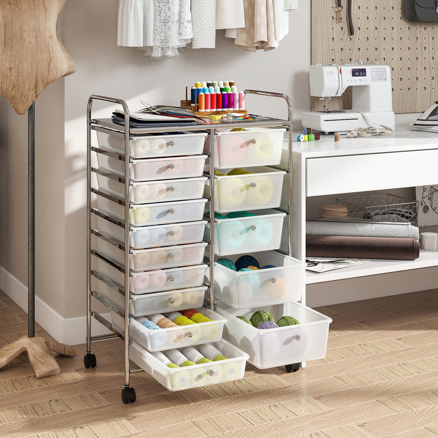 15-Drawer Rolling Storage Cart with Lockable Wheels and Removable Drawers-White