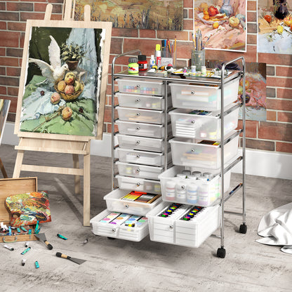 15-Drawer Rolling Storage Cart with Lockable Wheels and Removable Drawers-White