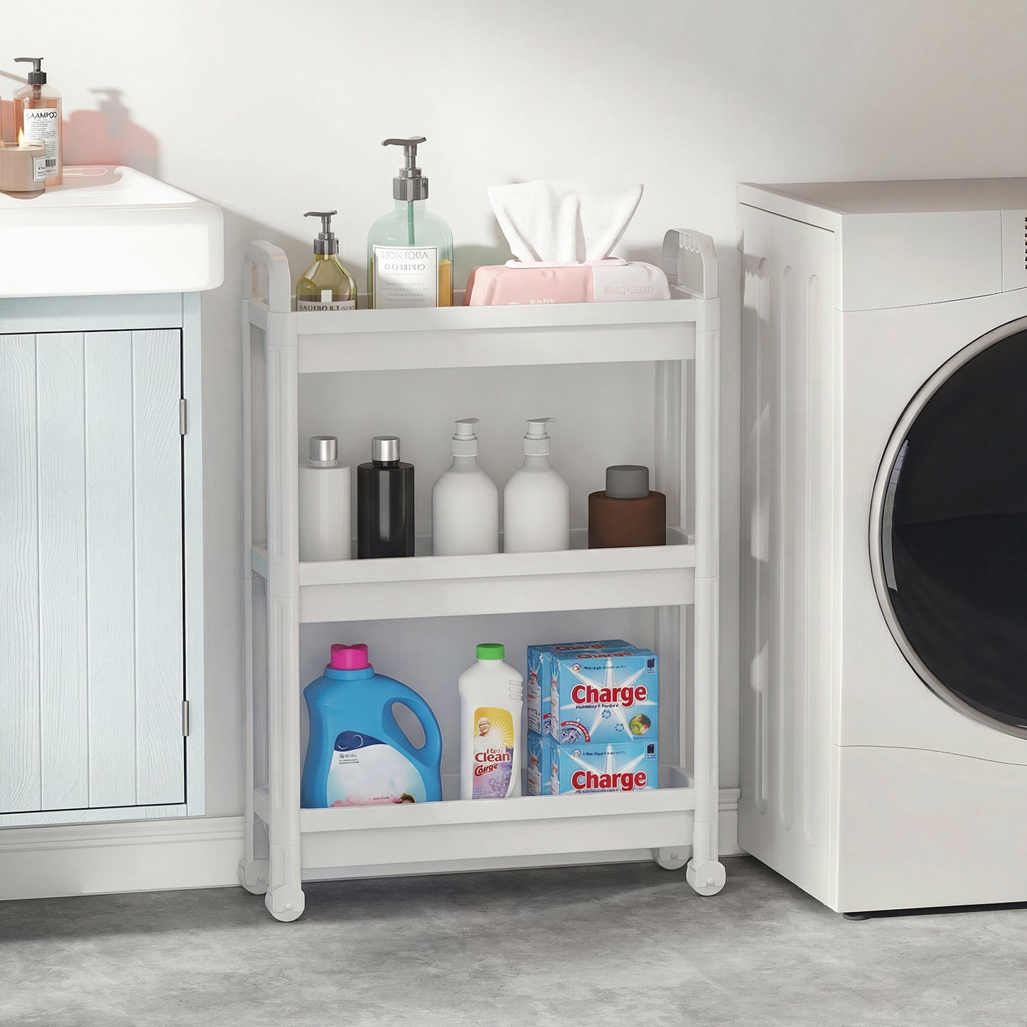Slim Rolling Storage Cart 3-Tier Bathroom Organizer with Handles and Wheels-White