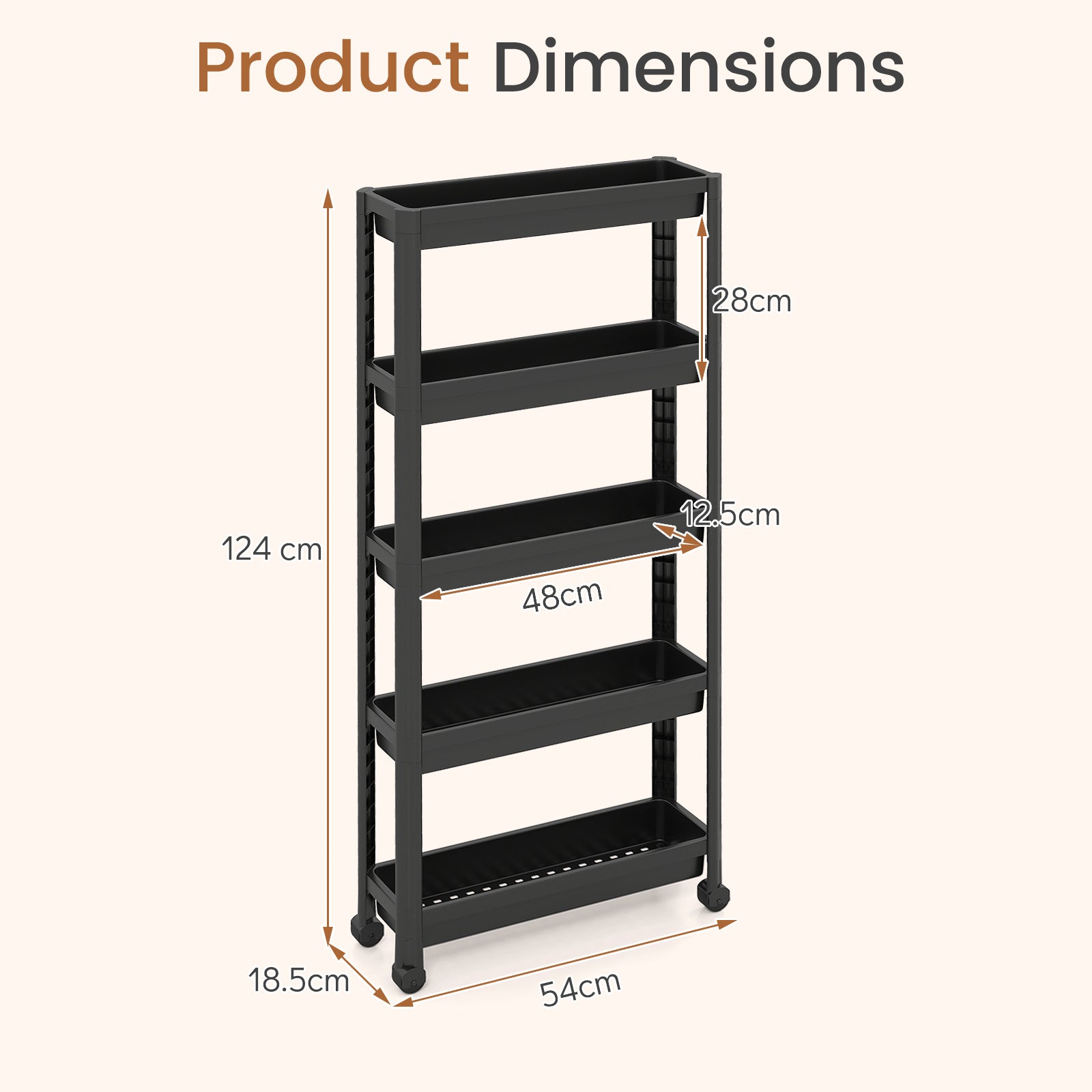5-Tier Slim Rolling Storage Cart with Smooth Wheels for Kitchen-Black