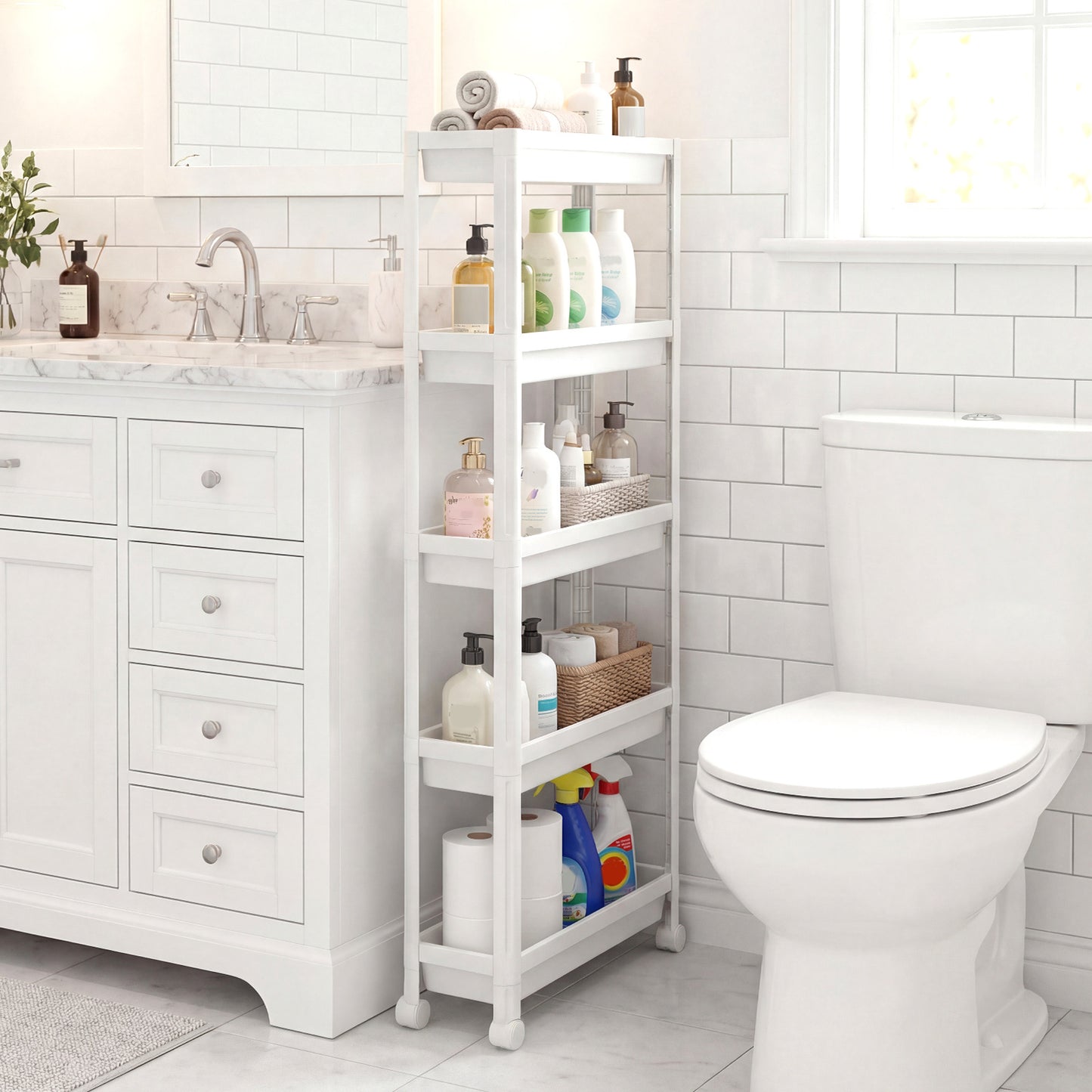 5-Tier Slim Rolling Storage Cart with Smooth Wheels for Kitchen-White
