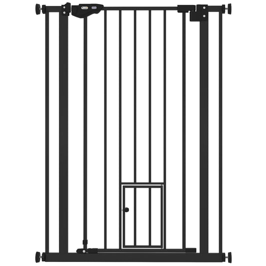 PawHut Extra Tall Pet Gate, Indoor Dog Safety Gate, with Cat Flap, Auto Close, 74-80cm Wide - Black