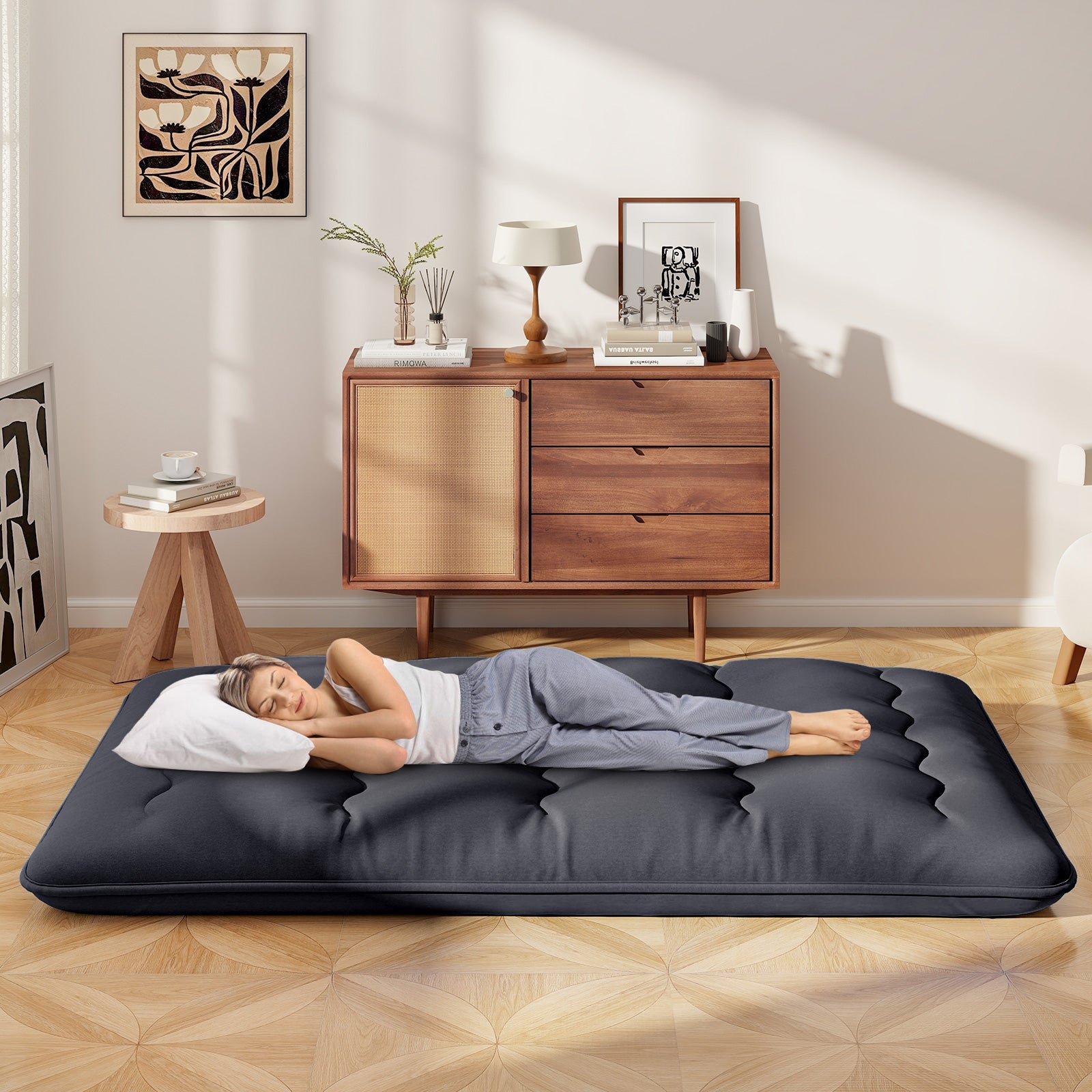 Japanese Floor Mattress with Washable Cover and Carry Bag-Black-Double Size