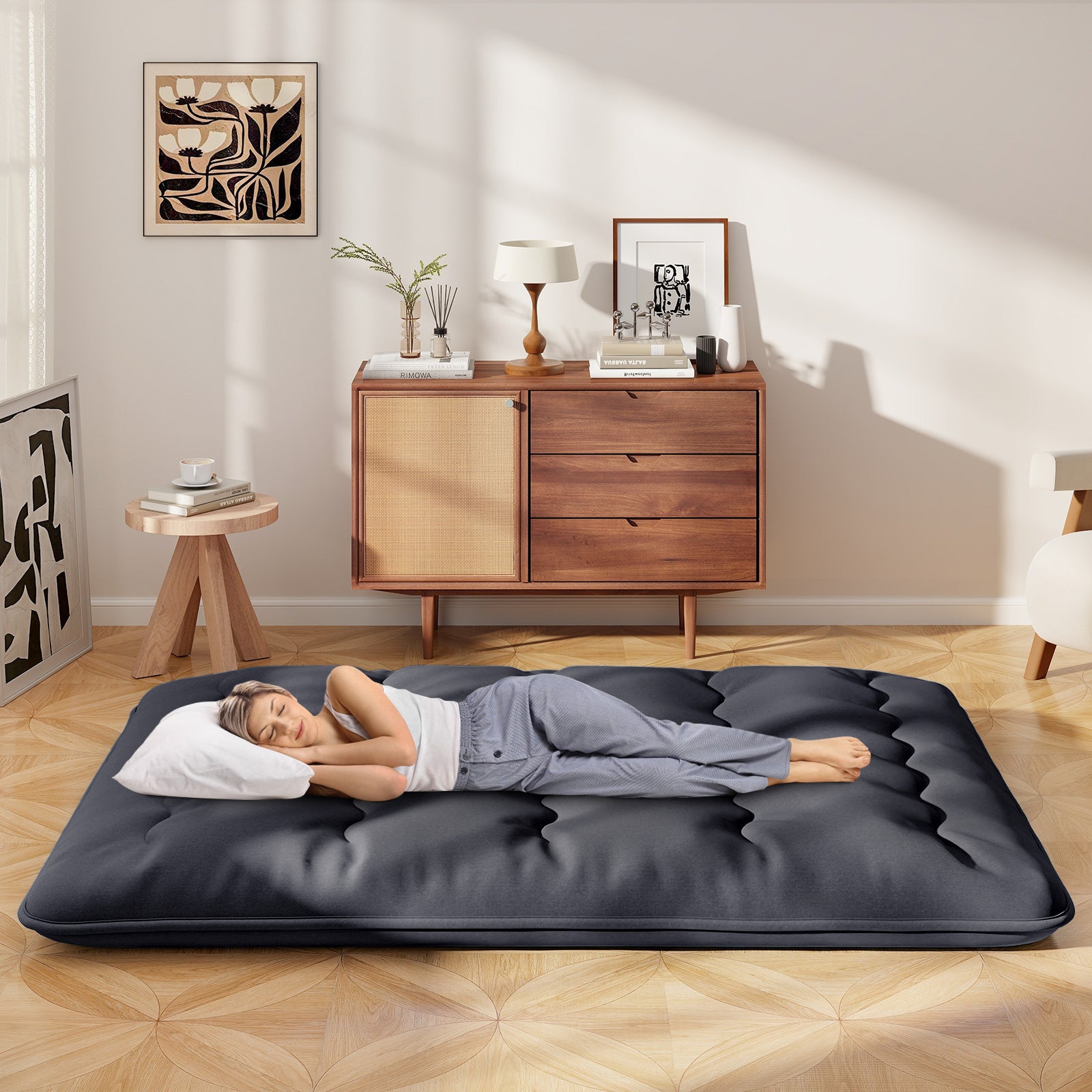 Japanese Floor Mattress with Washable Cover and Carry Bag-Black-King Size