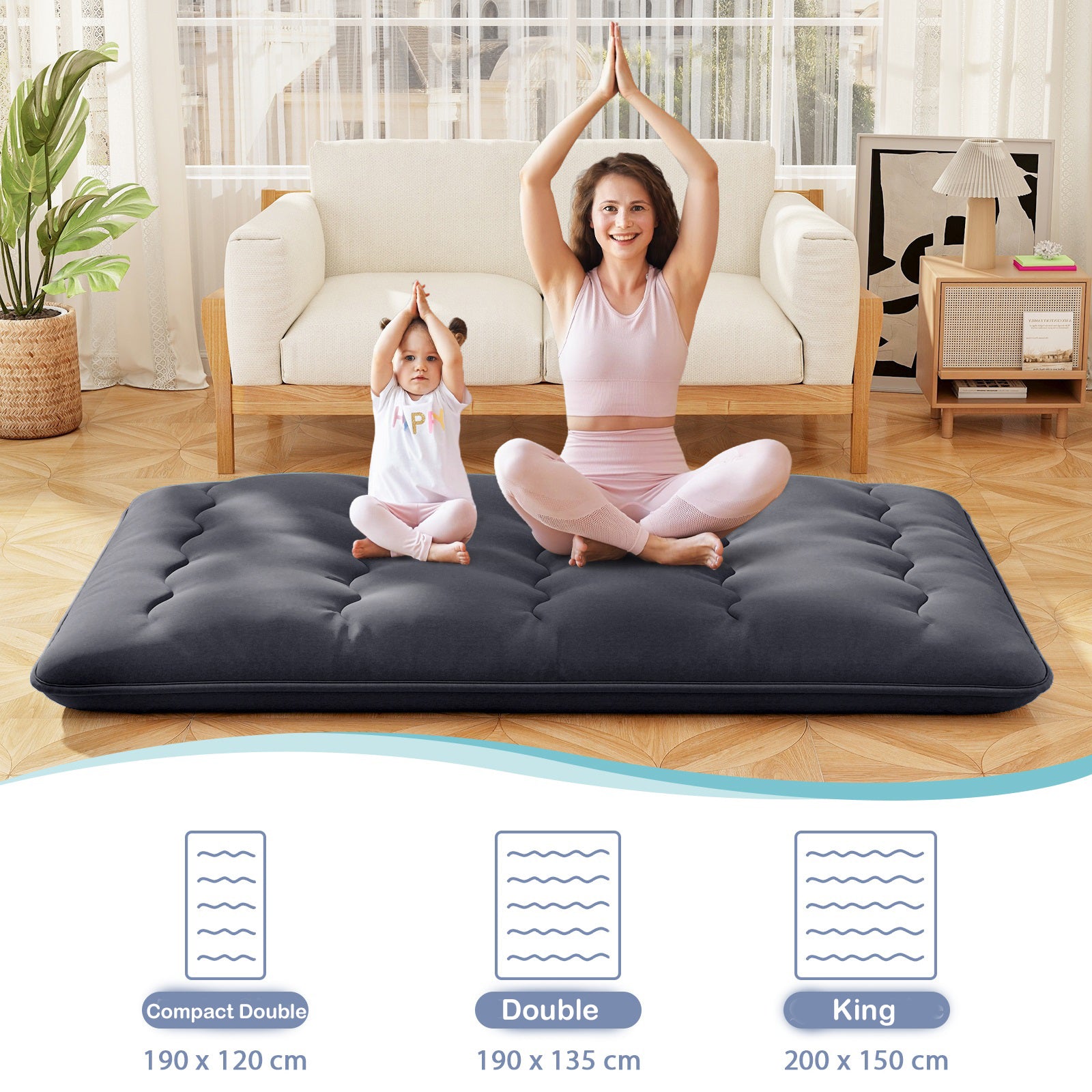 Japanese Floor Mattress with Washable Cover and Carry Bag-Black-King Size