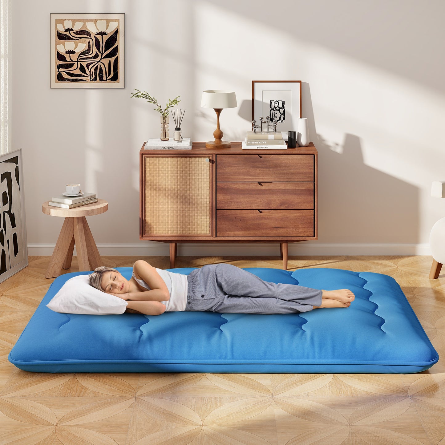 Japanese Floor Mattress with Washable Cover and Carry Bag-Blue-Double Size