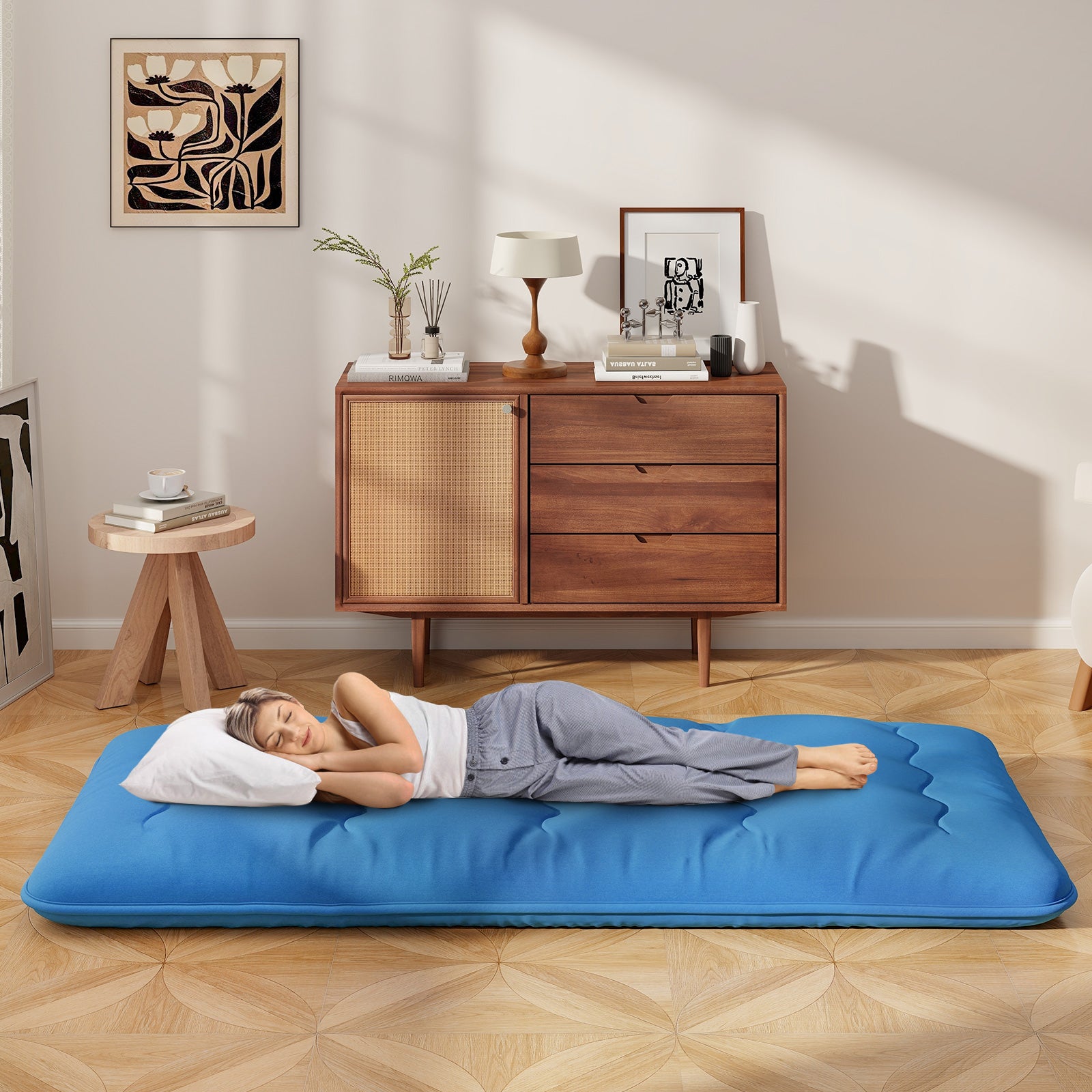Japanese Floor Mattress with Washable Cover and Carry Bag-Blue-Compact Double