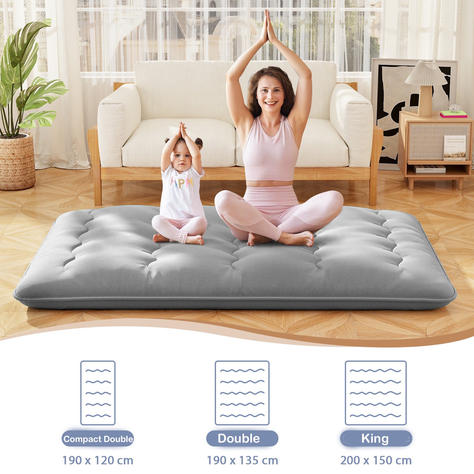 Japanese Floor Mattress with Washable Cover and Carry Bag-Grey-Compact Double