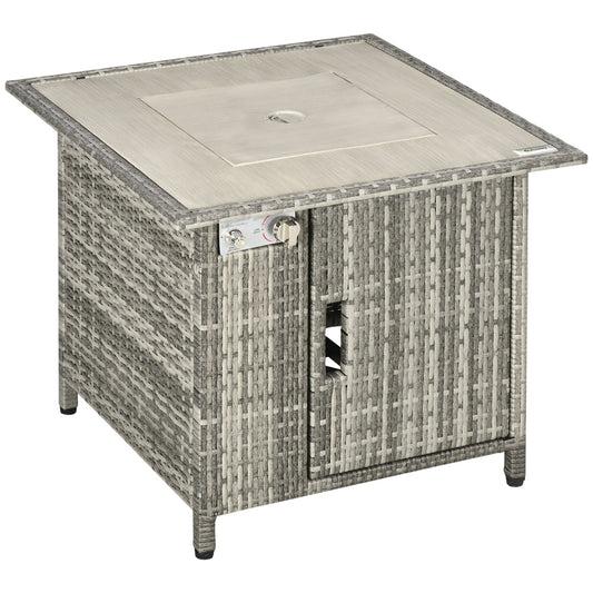 Outsunny Outdoor PE Rattan Gas Fire Pit Table, Patio Square Propane Heater with Rain Cover, Glass Windscreen, and Lava Stone, 50,000 BTU, Grey