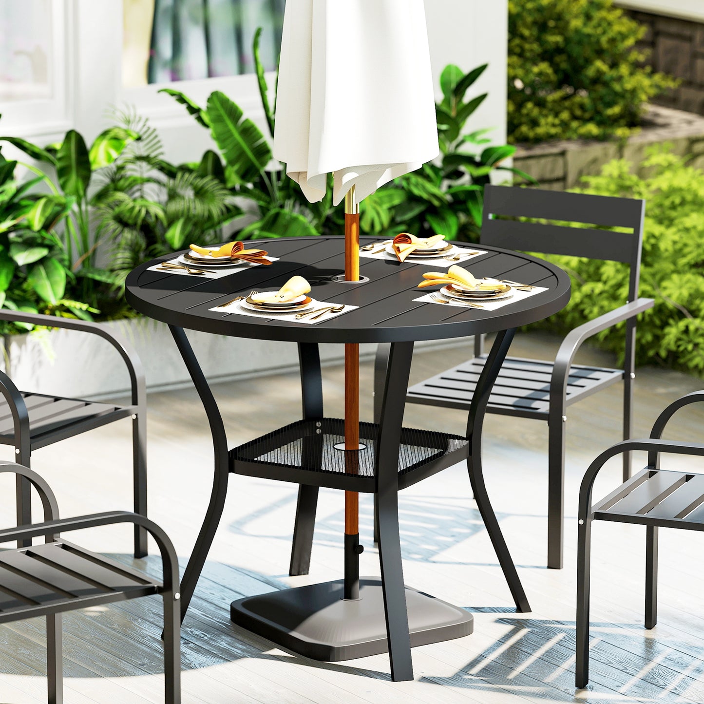 Outsunny 90 cm Garden Dining Table with 4-5 cm Parasol Hole, Round Outdoor Dining Table, Steel Garden Table with Slatted Metal Top and Wire Shelf for Balcony, Porch, Black