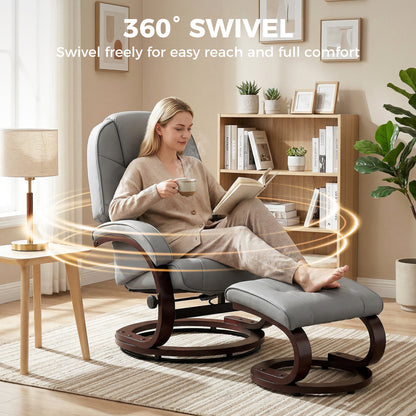 HOMCOM Swivel Recliner Chair with Footstool, PU Leather Recliner Armchair with Adjustable Back and Wood Frame, Grey