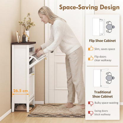 HOMCOM Shoe Cabinet with 2 Flip Drawers, Farmhouse Narrow Shoe Storage Cabinet with Adjustable Shelves, White