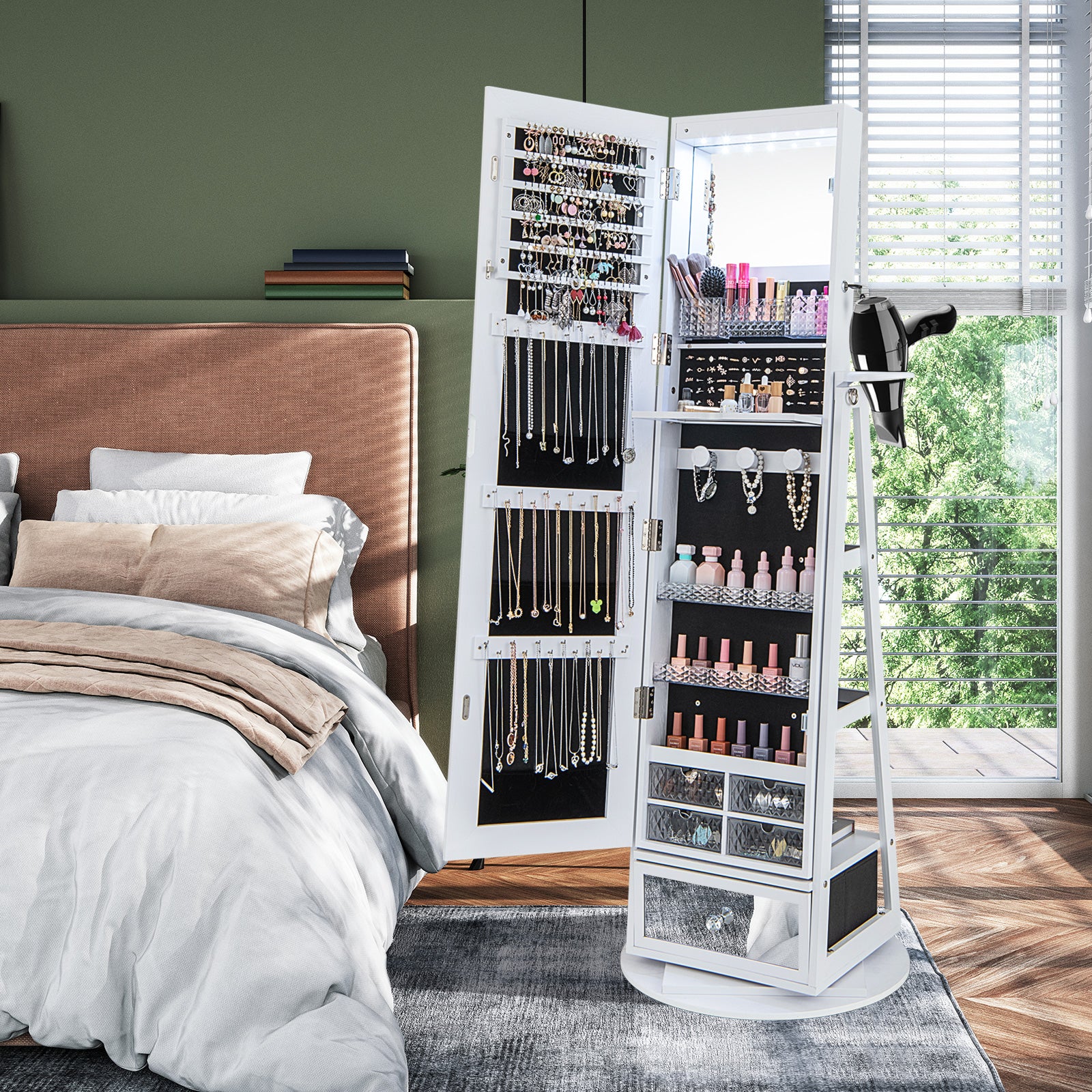 360° Swivel Lockable Jewelry Armoire Cabinet with Full-Length Mirror-White