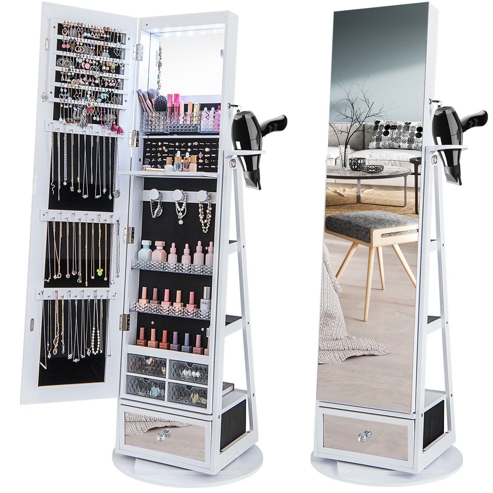 360° Swivel Lockable Jewelry Armoire Cabinet with Full-Length Mirror-White