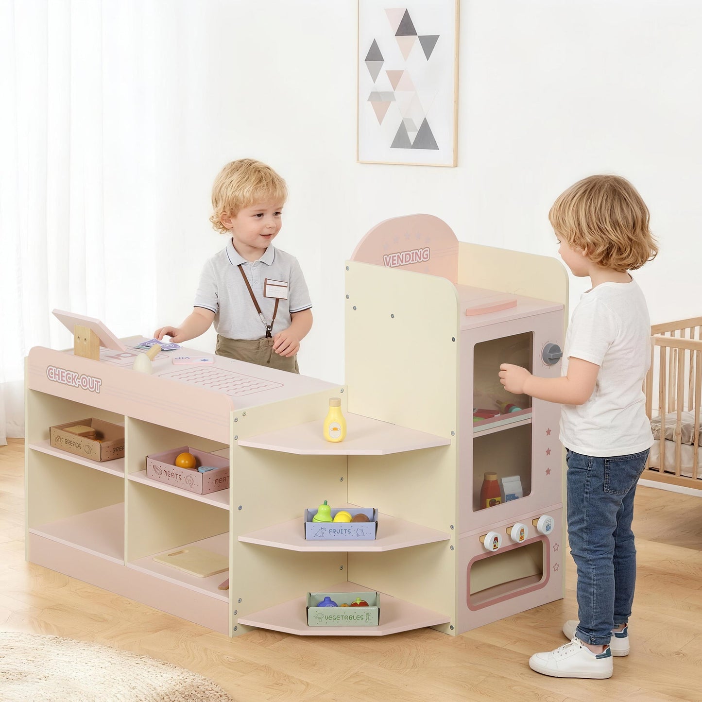 AIYAPLAY Kids Grocery Store, Children Supermarket Playset with Cash Register, Vending Machine, Display Shelves