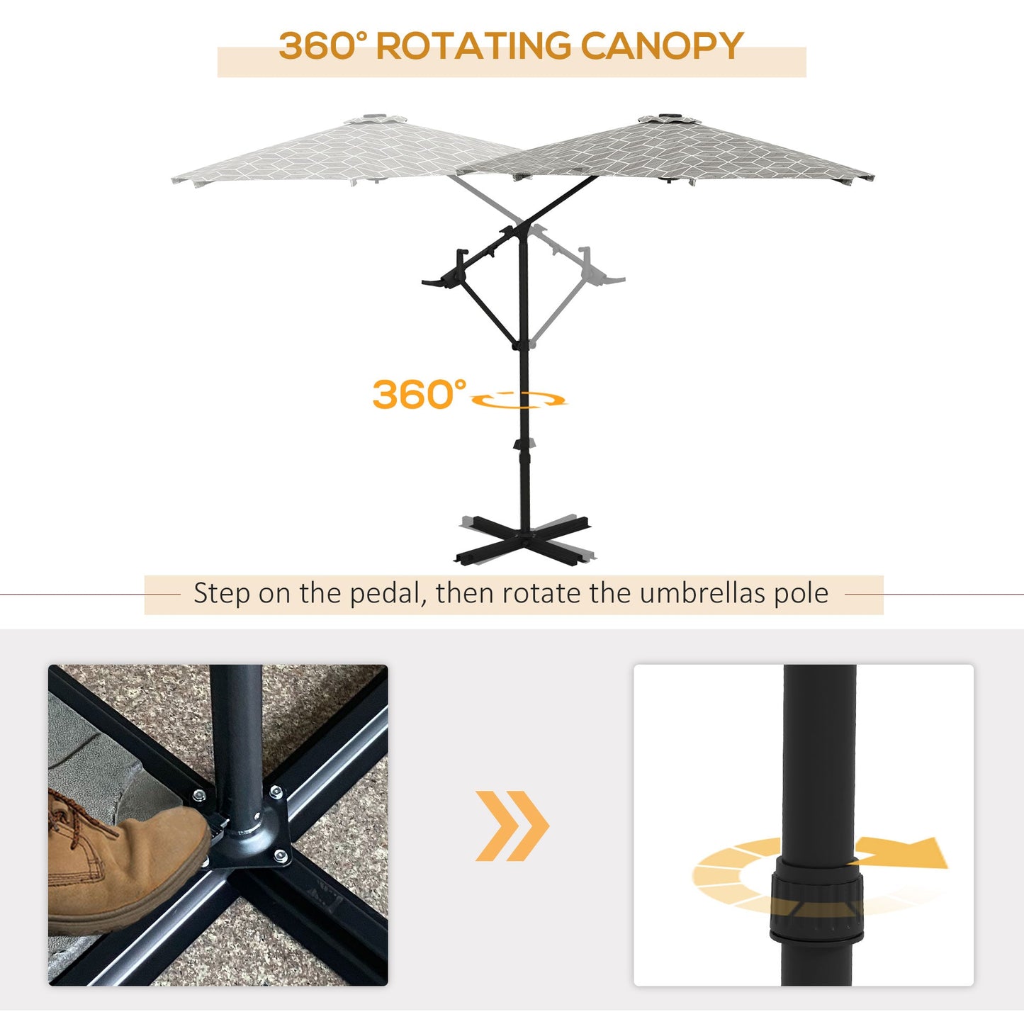 Outsunny 3(m) Convertible Cantilever Parasol and Centre-post Garden Parasol with Cross Base, 360Â° Rotation Banana Parasol with Crank Handle and 8 Ribs, Hanging Patio Umbrella, Black and White