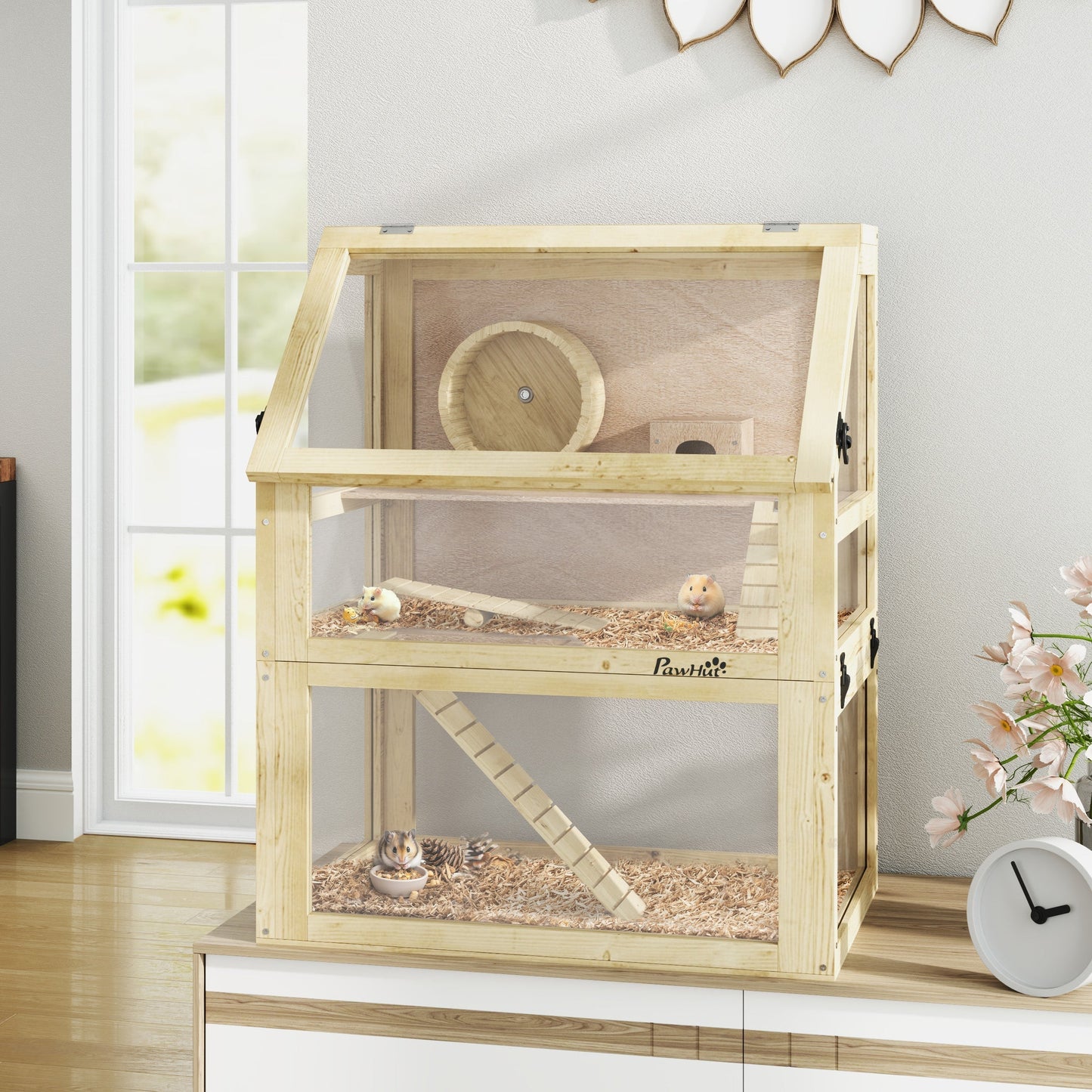 PawHut Wooden Hamster Cage with Detachable 32cm Deep Bottom, Hut, Seesaw, Exercise Wheel, Ramp, 60 x 40 x 75cm, Natural