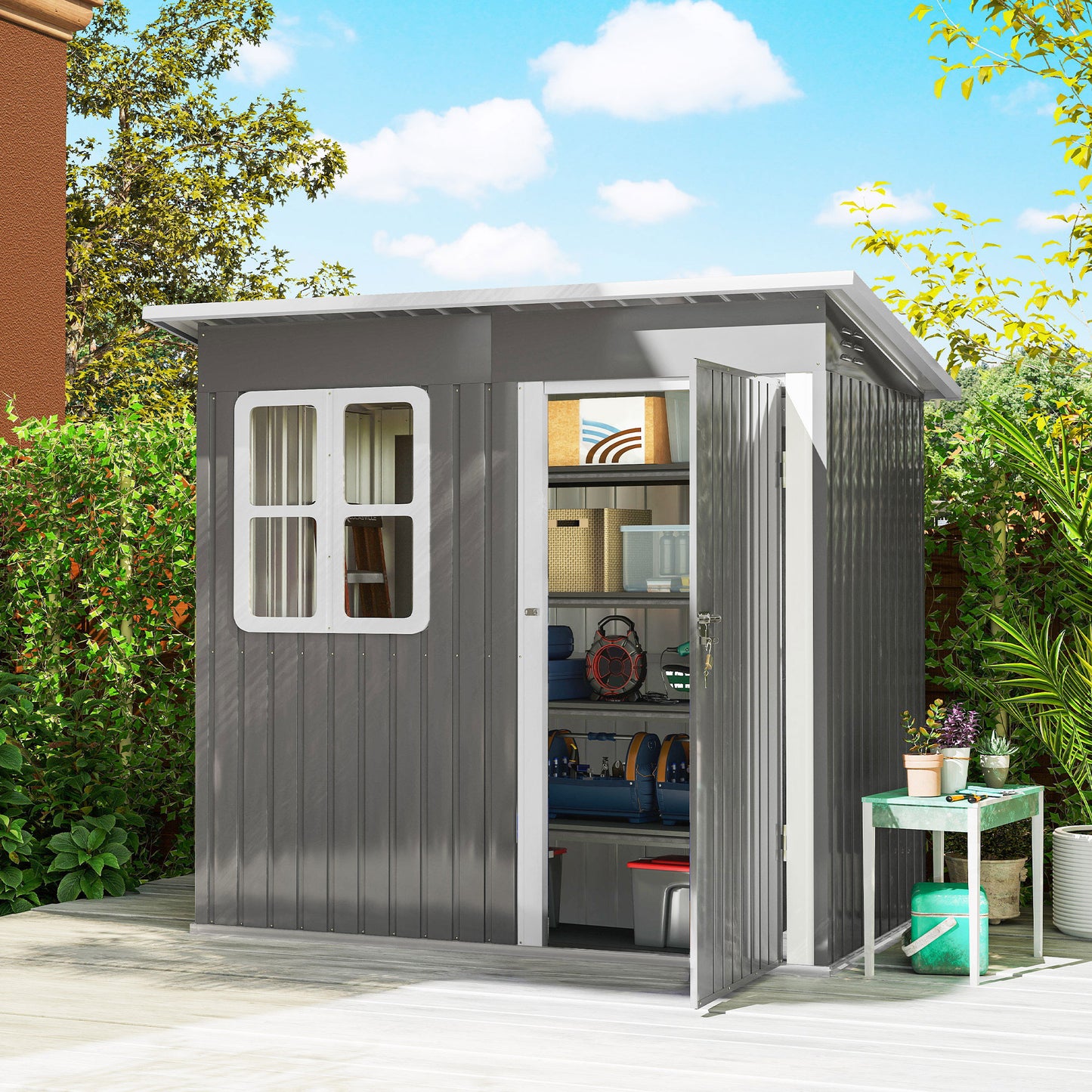 Outsunny 7 x 4ft Eco-friendly Galvanised Steel Garden Shed, with Lock and Gloves, 40kg/ã¡ Snow Capacity - Grey