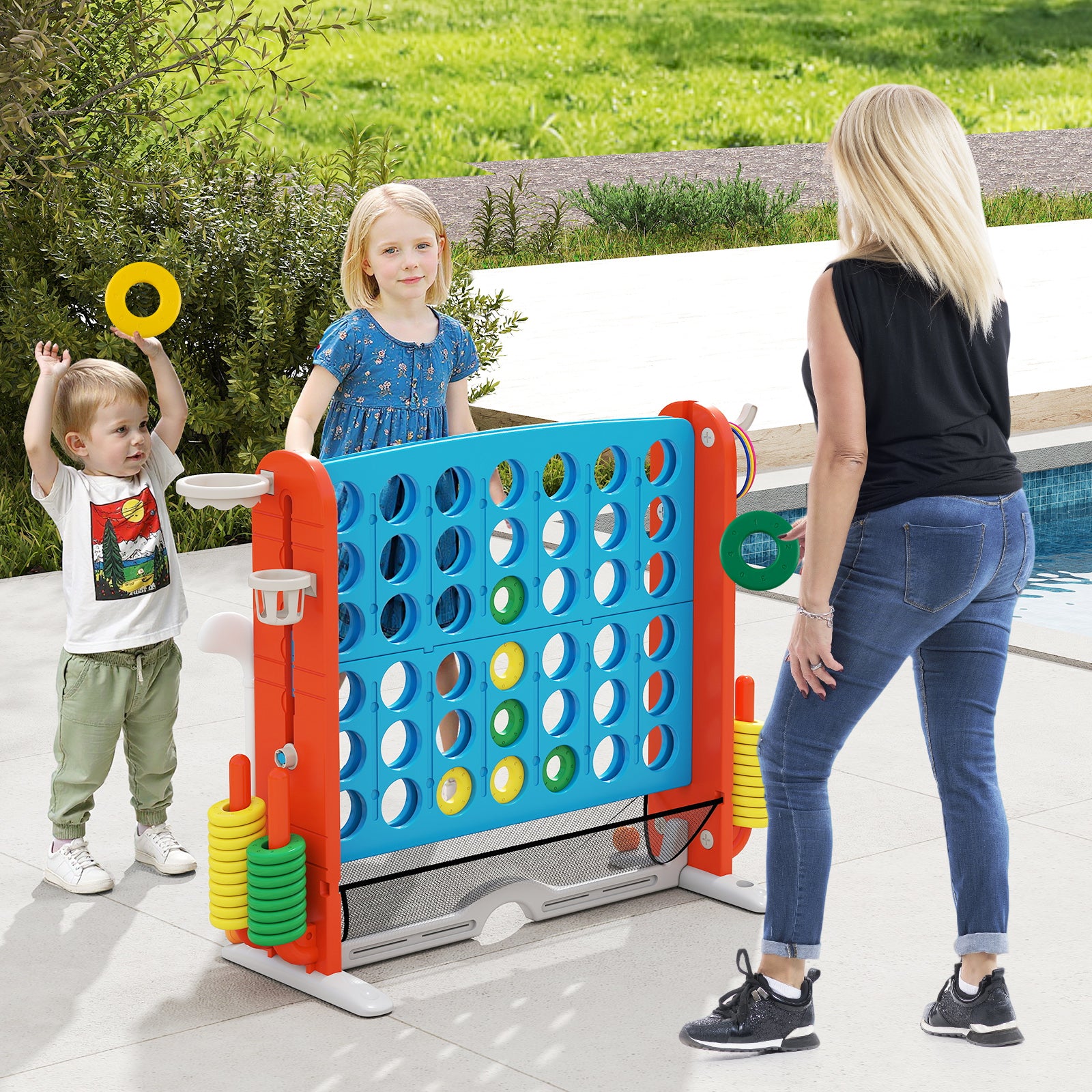 Jumbo 4-in-a Row Game Set with Basketball Hoop and 42 Rings-Light Blue