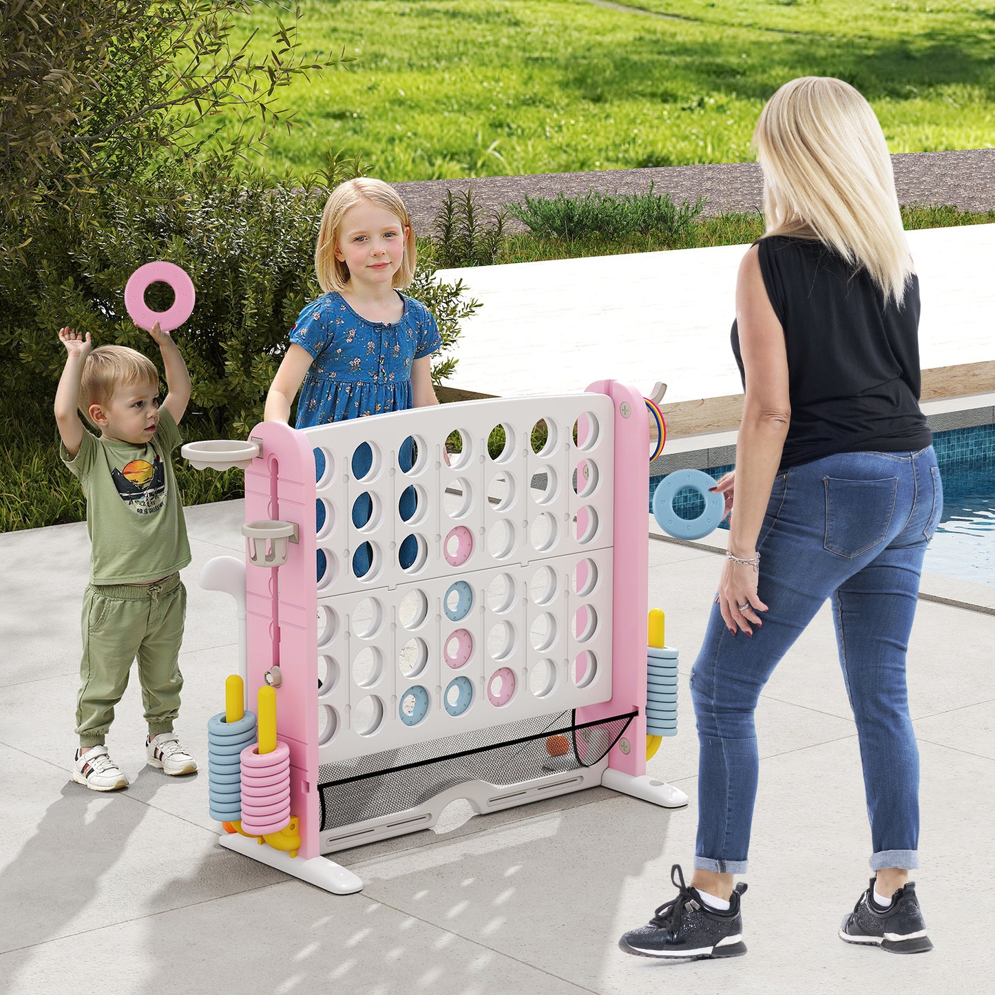 Jumbo 4-in-a Row Game Set with Basketball Hoop and 42 Rings-Pink & White