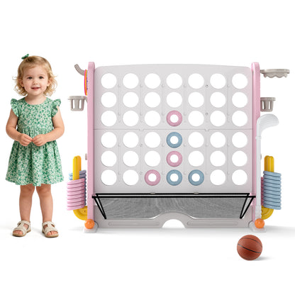 Jumbo 4-in-a Row Game Set with Basketball Hoop and 42 Rings-Pink & White