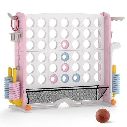 Jumbo 4-in-a Row Game Set with Basketball Hoop and 42 Rings-Pink & White