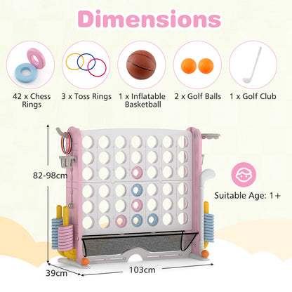 Jumbo 4-in-a Row Game Set with Basketball Hoop and 42 Rings-Pink & White