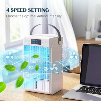 HOMCOM Portable Air Conditioner, 4-in-1 Mini Air Cooler with 4 Wind Speed, 2 Cool Mist, RGB 7 LED Light, White