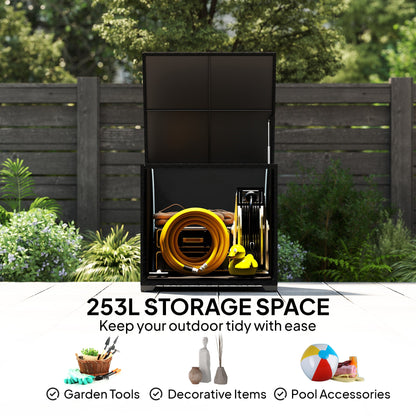Outsunny 253L Garden Storage Box, Rattan Deck Box with Zipped Liner, Safe Pneumatic Rod, Patio Storage Container, Black