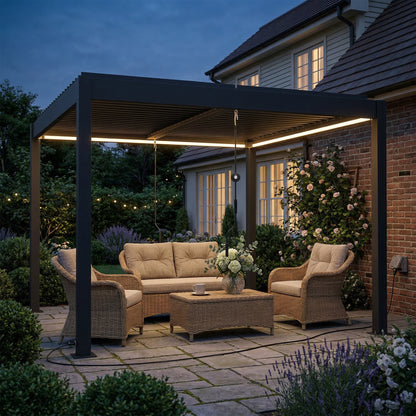 Outsunny 3 x 3 m Louvered Pergola with LED Lights, Metal Louvres, Aluminium Patio Gazebo Pergola, Dark Grey