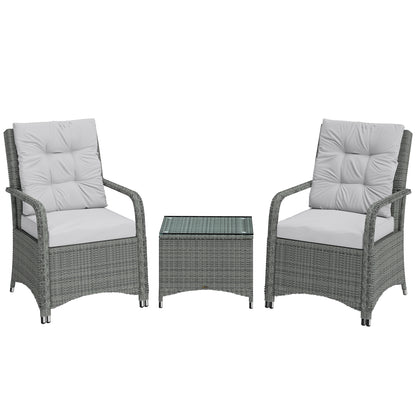 Outsunny 3 Pieces Rattan Bistro Set, Wicker Garden Furniture Set with Metal Frame, Cover, Glass Top Coffee Table, Light Grey