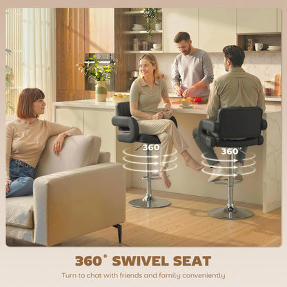 HOMCOM Bar Stools Adjustable Swivel Kitchen Chairs with Backrest Armrest Set of 2 PU Leather Black