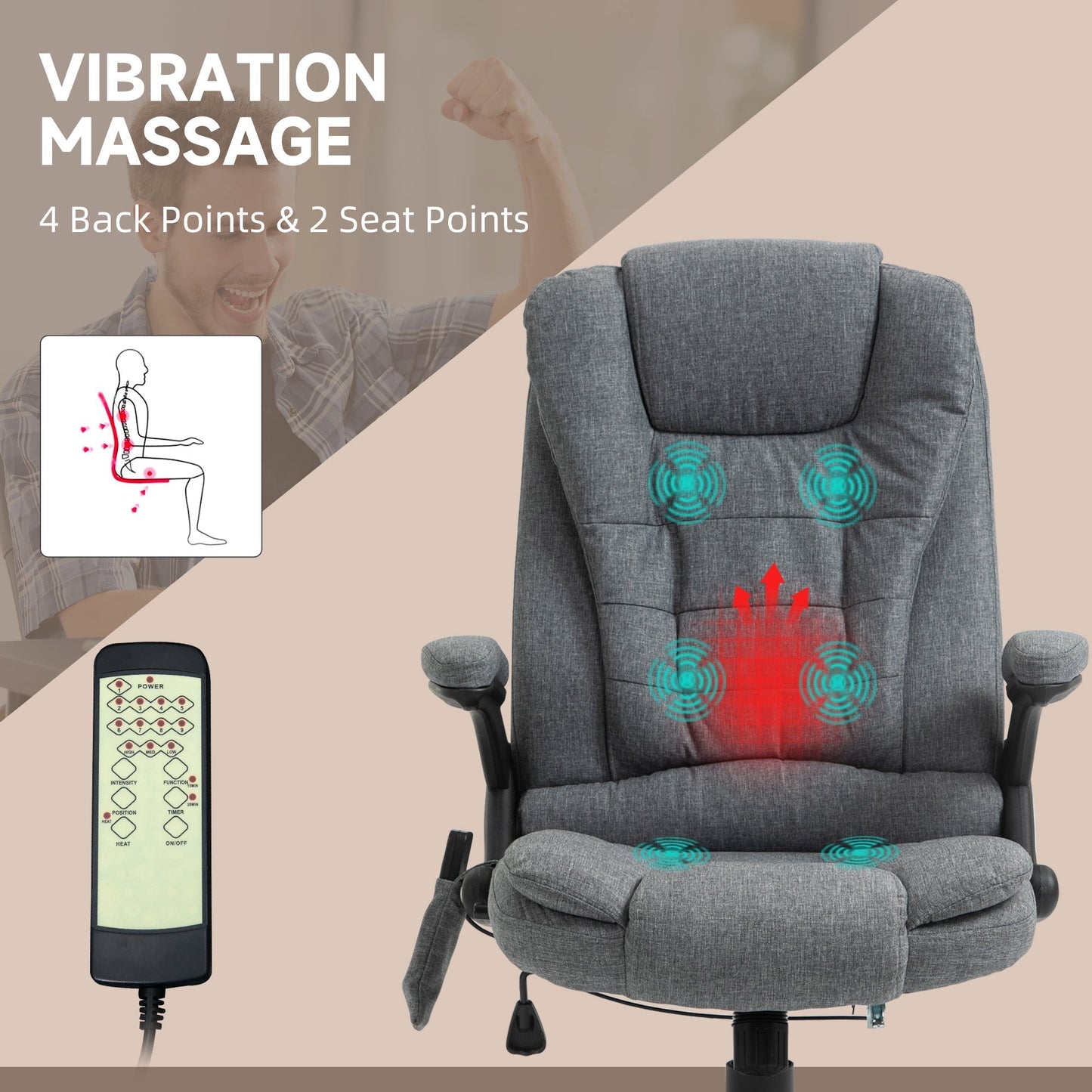 Vinsetto Massage Recliner Chair Heated Office Chair with Six Massage Points Linen-Feel Fabric 360 Swivel Wheels Grey