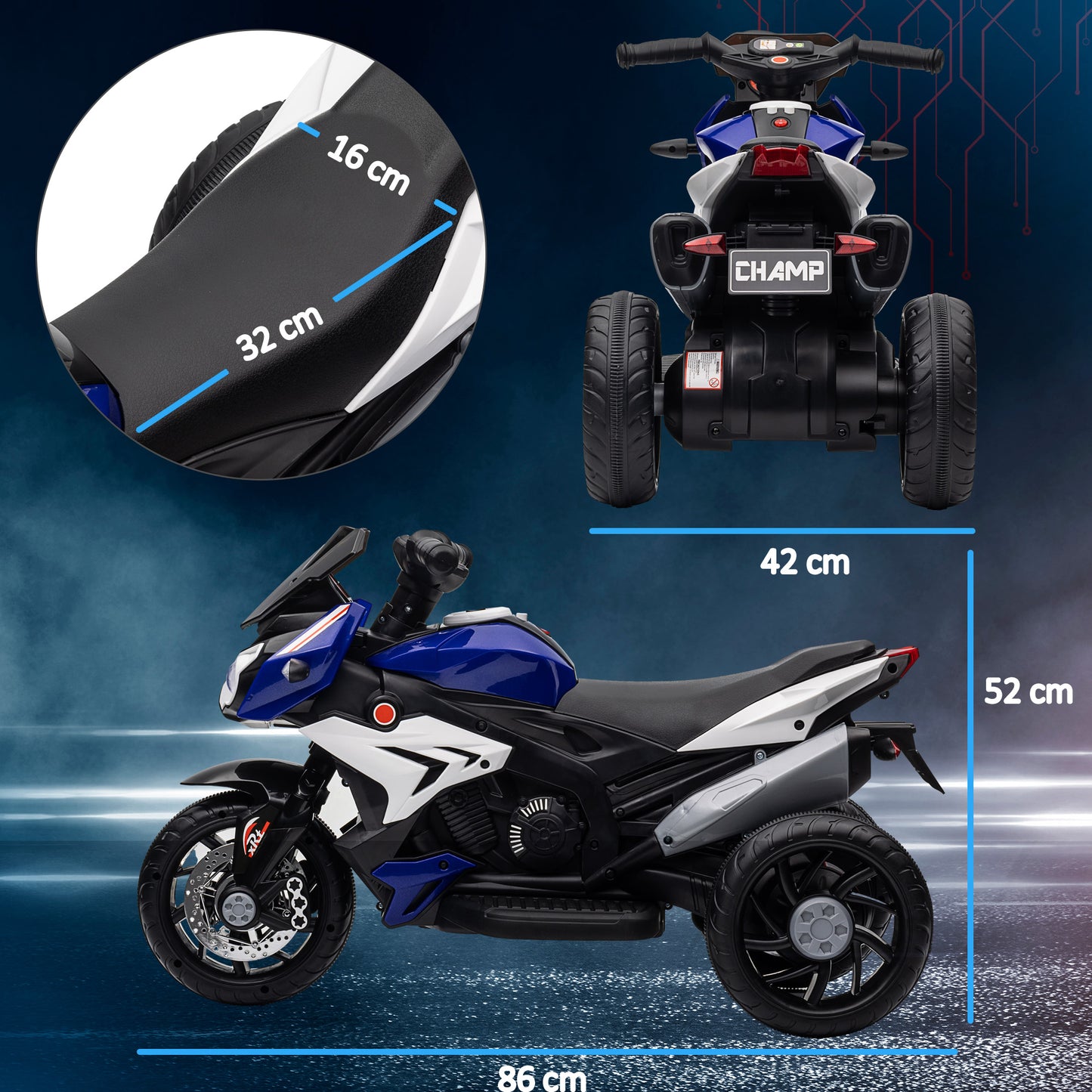 HOMCOM Kids Electric Motorcycle, 6V Ride on Motorcycle with 3 Wheels, LED Headlight, Music, Horn for Boys Girls 3-5 Years, Blue