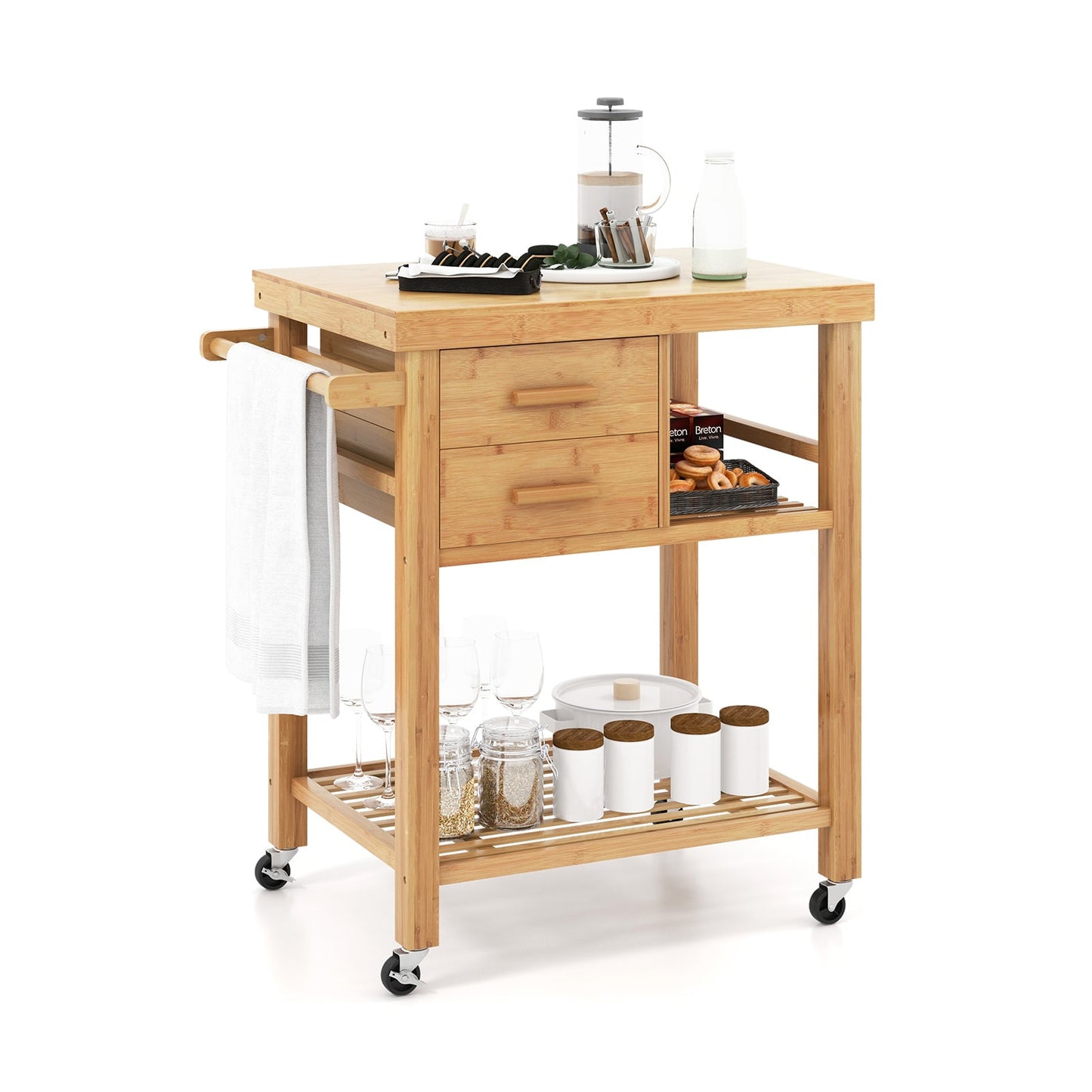 Rolling Bamboo Kitchen Island Cart with Drawers and Shelves
