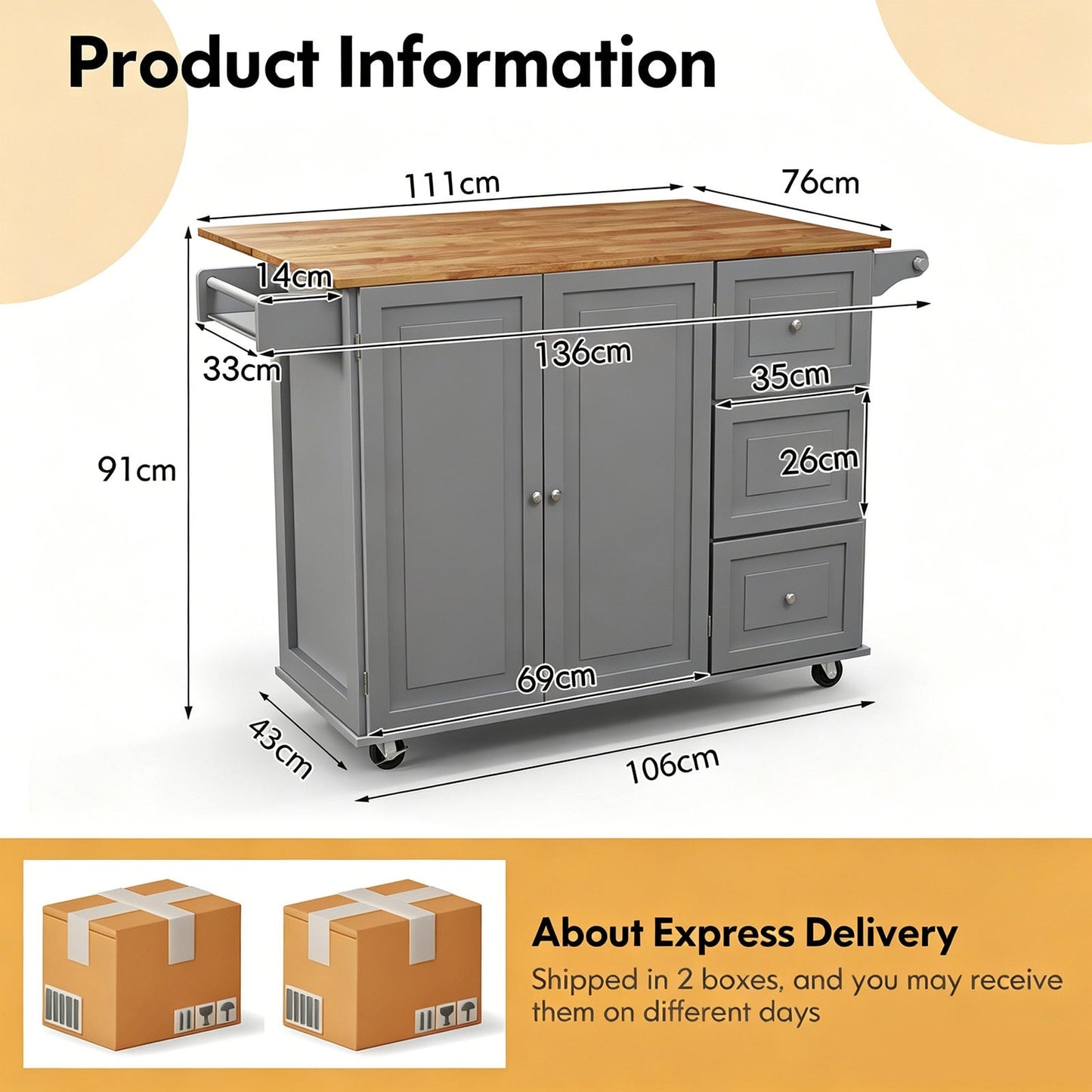 Kitchen Island Trolley with 3 Drawers and 2-door Cabinet-Gray