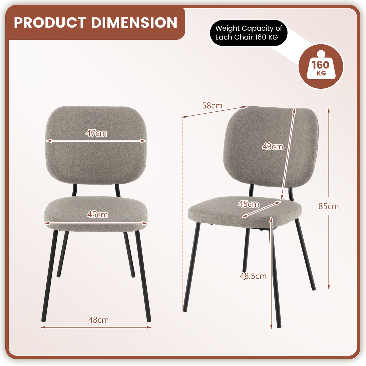 Modern Fabric Dining Chair Set of 2 with Linen Fabric-Grey