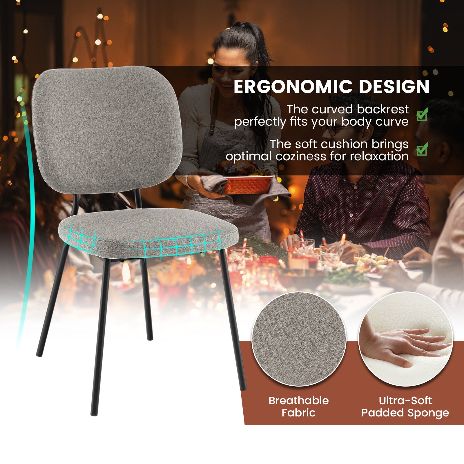 Modern Fabric Dining Chair Set of 2 with Linen Fabric-Grey