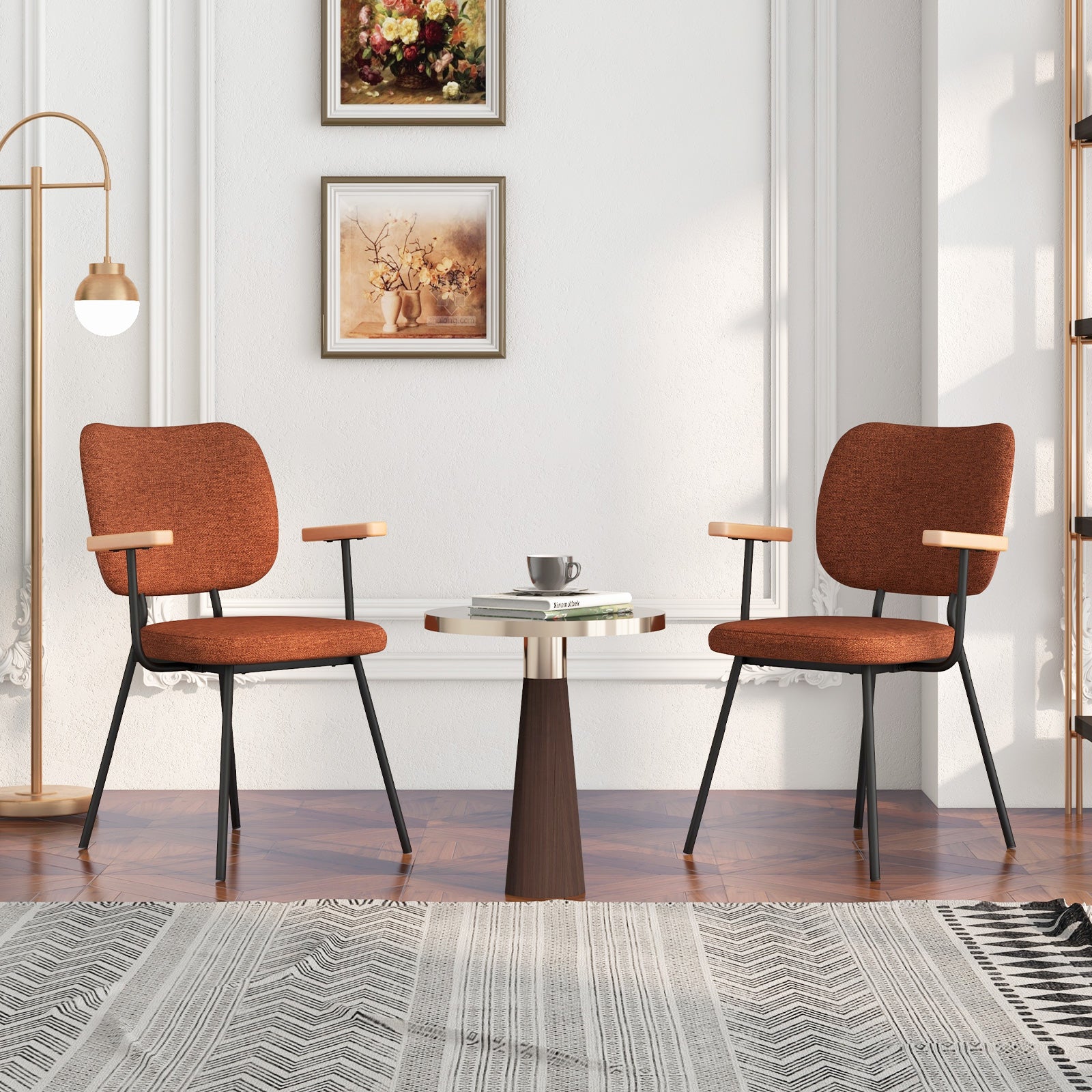 Set of 2 Linen Fabric Upholstered Dining Chairs with Curved Backrest-Orange