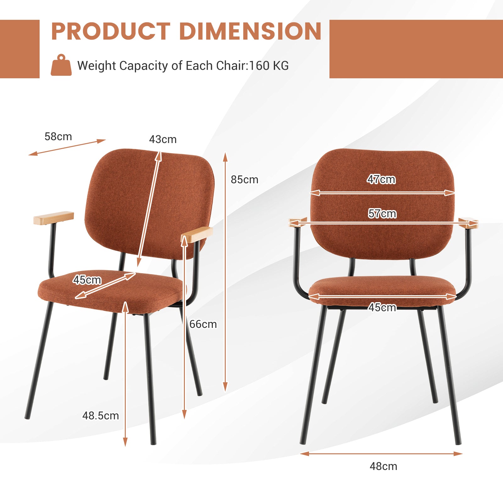 Set of 2 Linen Fabric Upholstered Dining Chairs with Curved Backrest-Orange