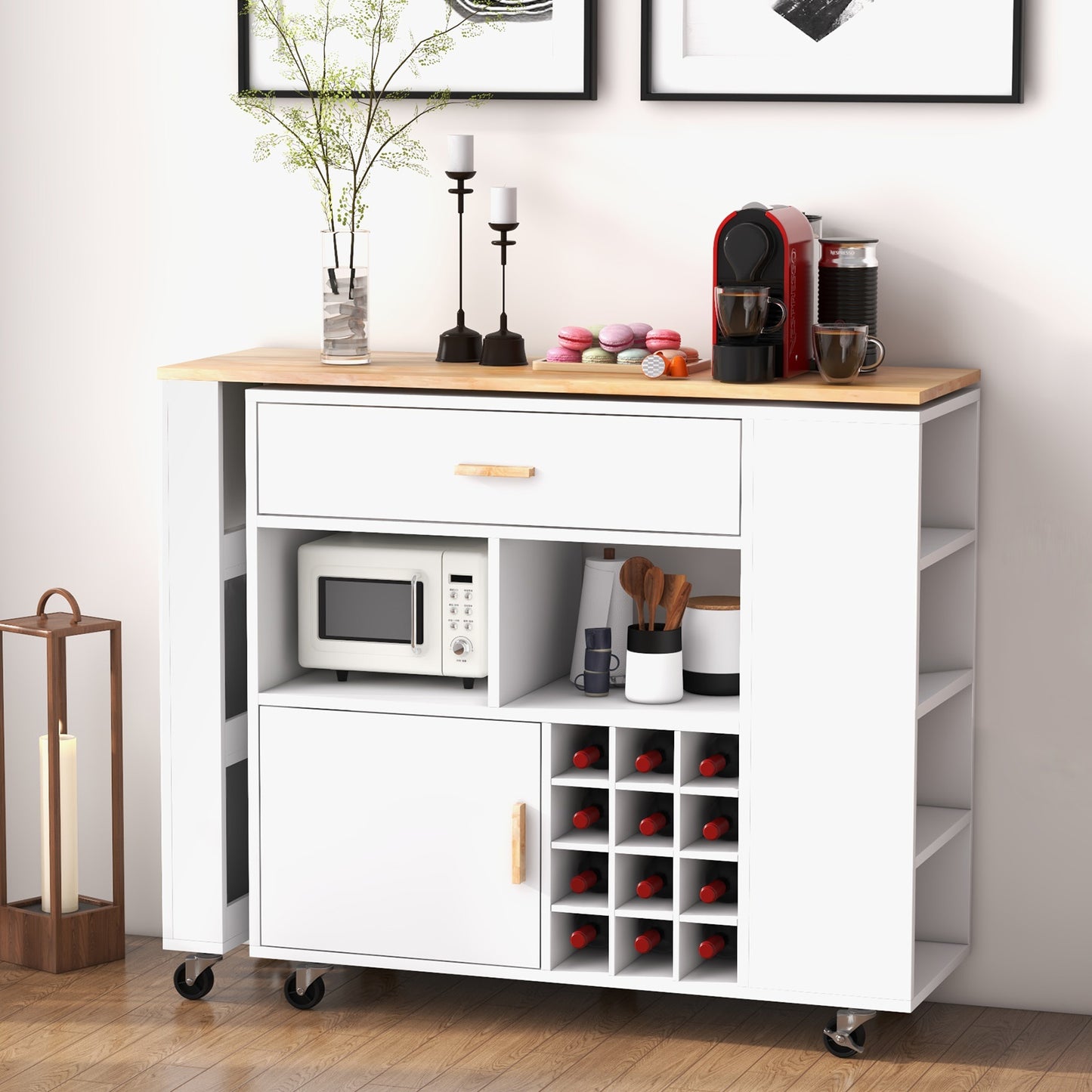 2-in-1 Kitchen Island Cart with Rubber Wood Top-White