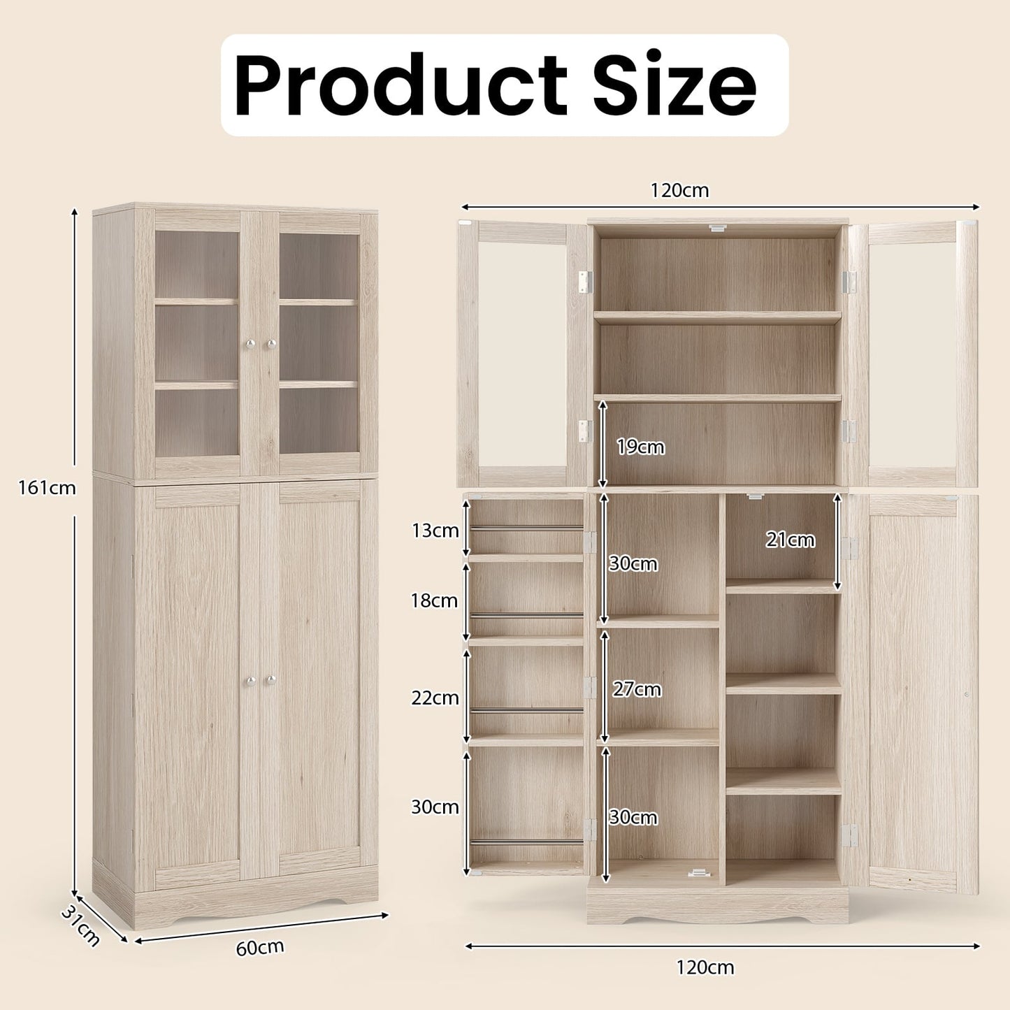 Kitchen Pantry Storage Cabinet with Glass Doors and Storage Shelves-Natrual