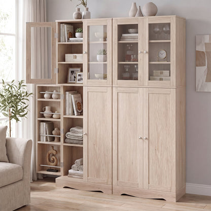 Kitchen Pantry Storage Cabinet with Glass Doors and Storage Shelves-Natrual